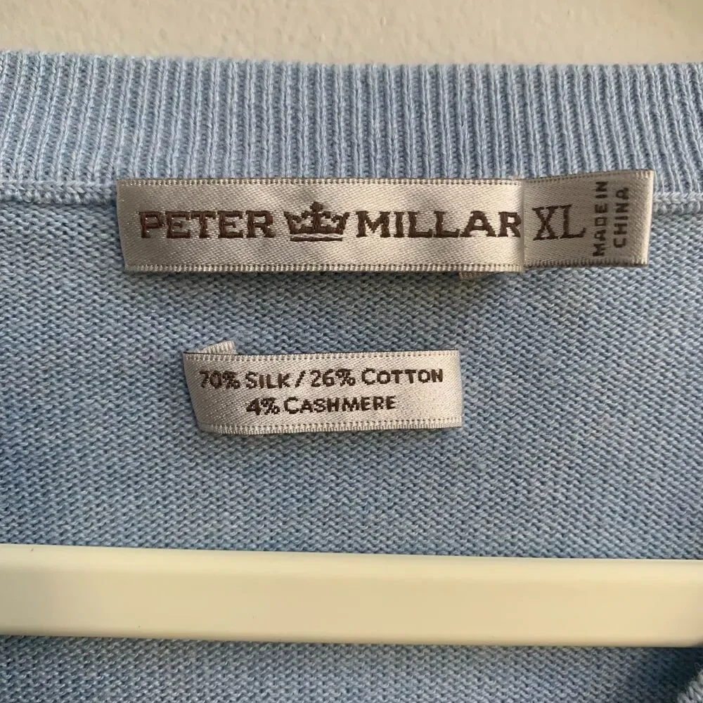 Peter Millar Silk Cashmere V-Neck Sweater Mens XL Blue Pull Over Preppy Office